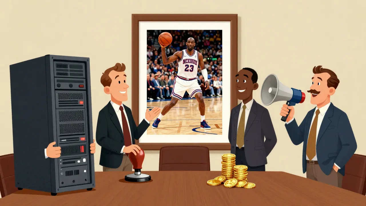 Cartoon characters representing crypto partners discussing an NBA collaboration.