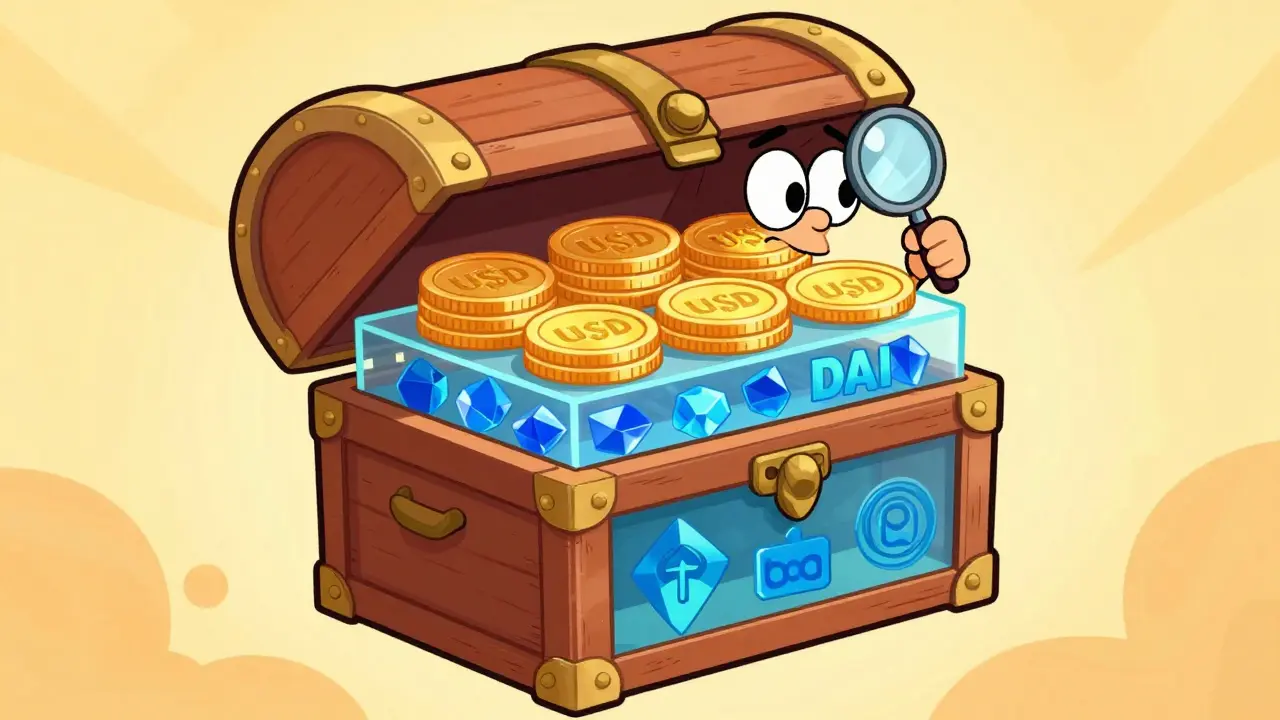 Cartoon chest showing UUSD backed by DAI layers