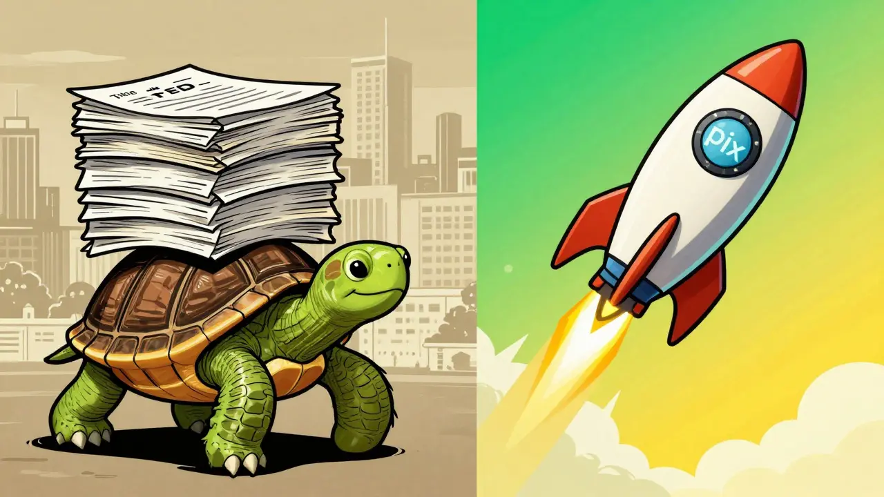 Cartoon comparison of slow wire transfers versus fast Pix payments