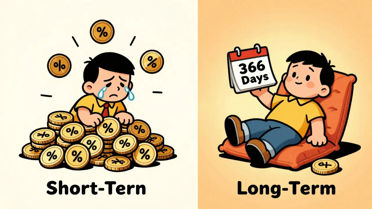 Cartoon comparison of stressful short-term vs relaxed long-term crypto holding