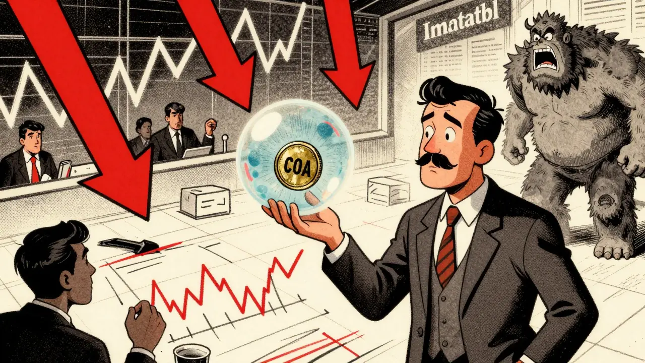 Cartoon depiction of COA token volatility and investment risks.