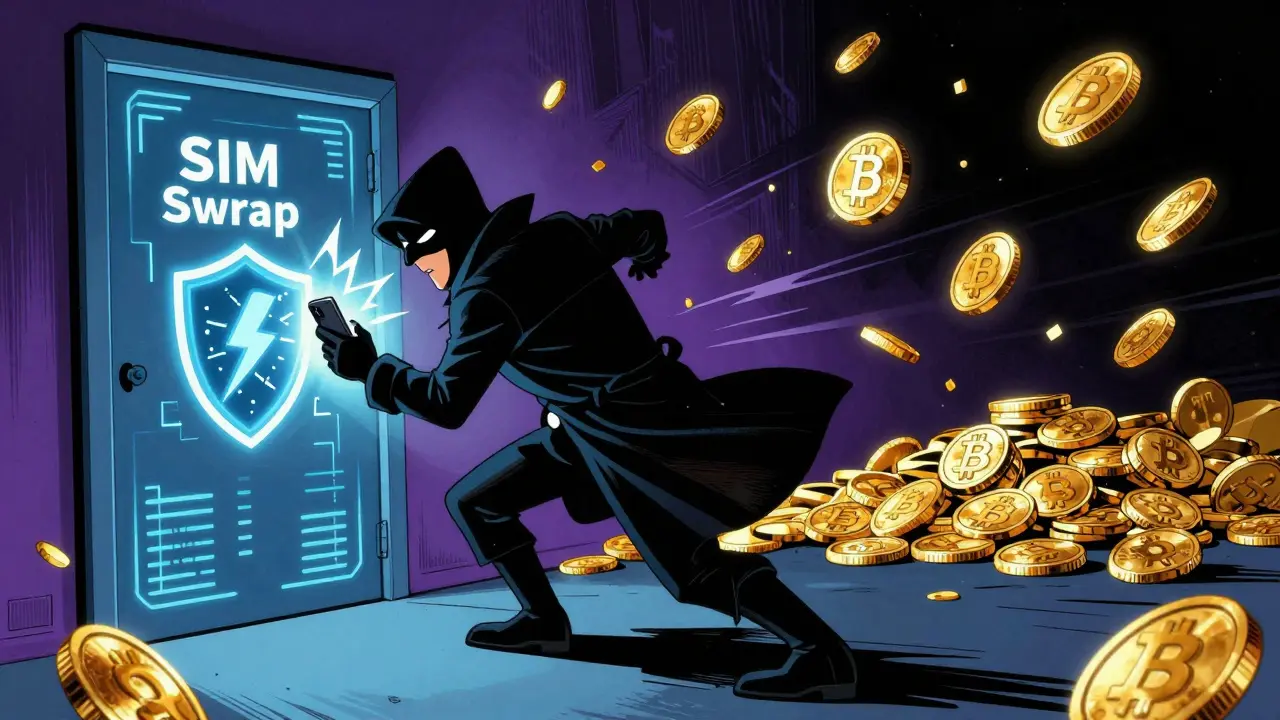 Cartoon hacker stealing coins by bypassing security with a SIM swap attack