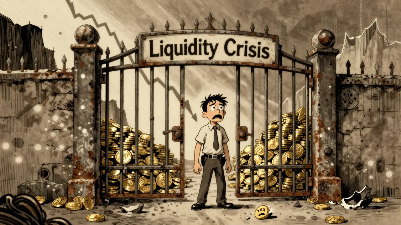 Cartoon illustration of an investor trapped behind a locked liquidity gate