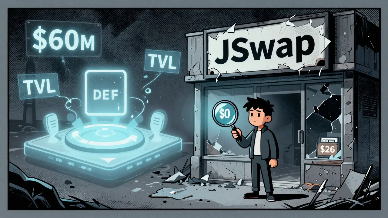 Cartoon showing the decline of JSwap from a booming platform to a zero-value asset.