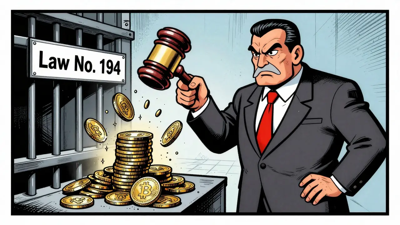 Central Bank official striking down crypto coins with gavel, prison bars below