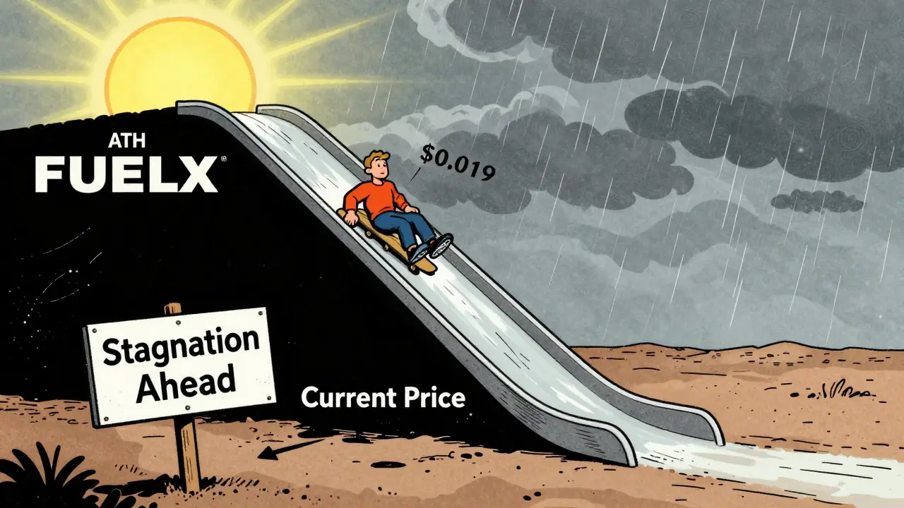 Character sliding down steep FUELX price drop chart