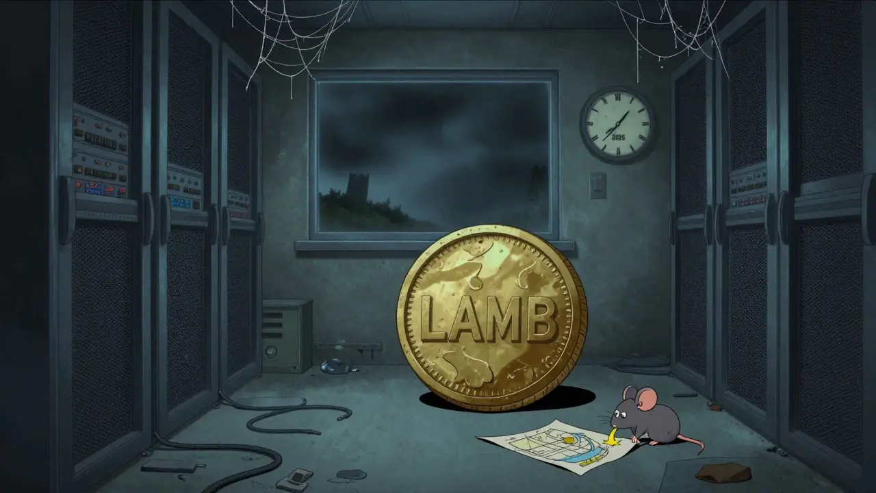 Dusty abandoned server room with deflated LAMB coin balloon