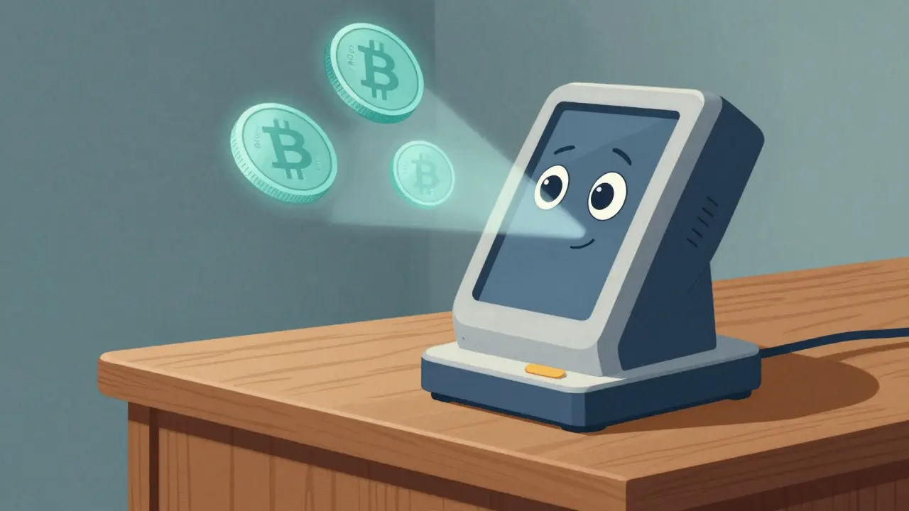 Friendly POS terminal dispensing glowing reward coins in a vintage cartoon style