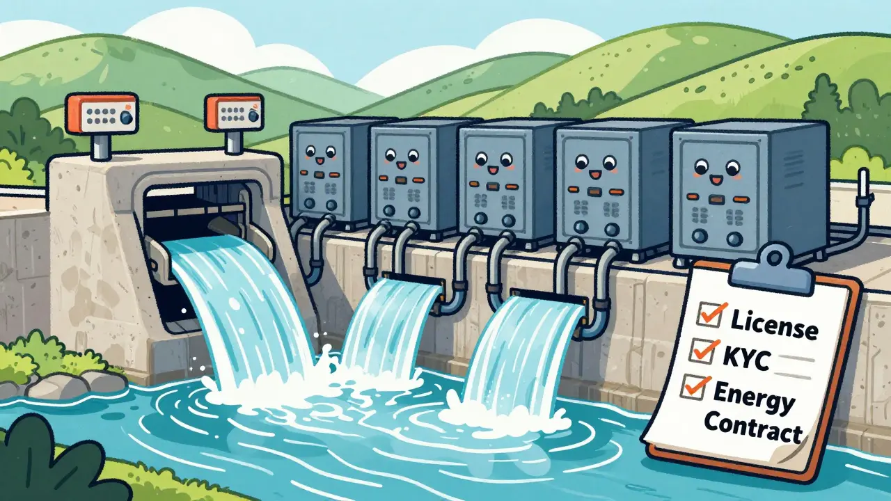 Illustration of hydropower fueling crypto mining servers