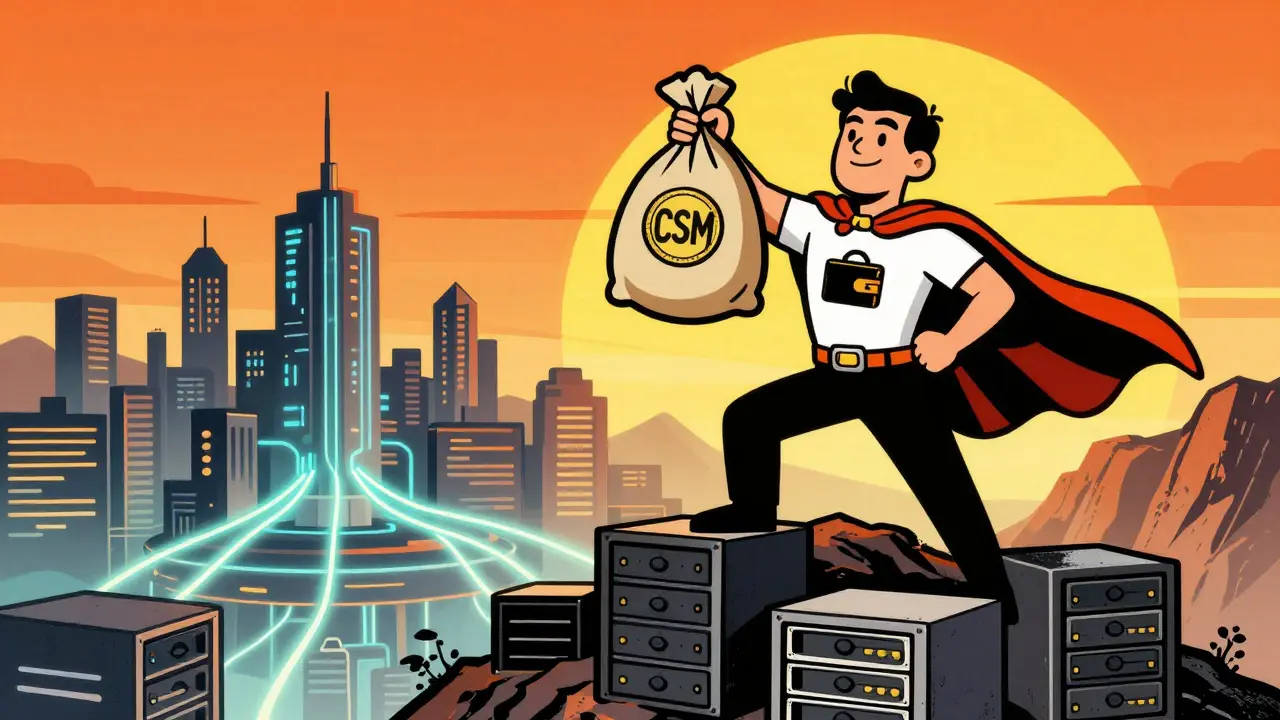 Illustration of user winning CSM tokens on mountain of servers