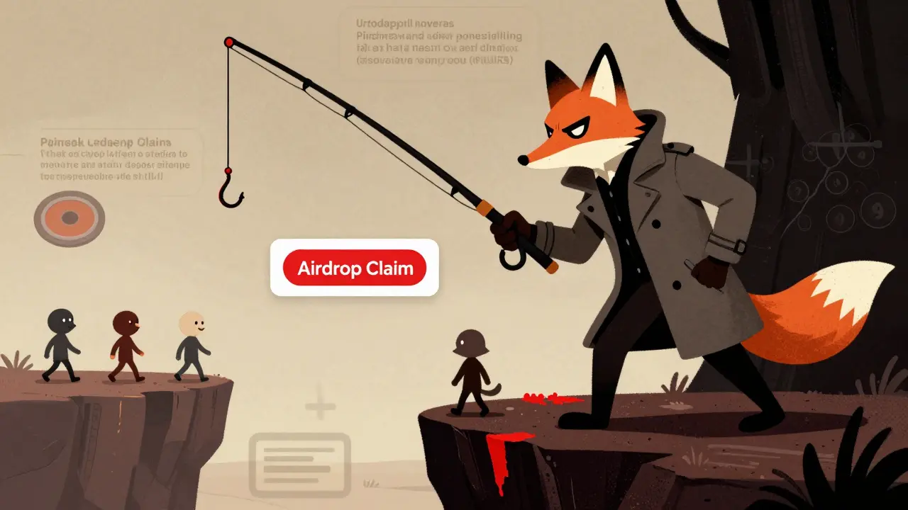 Illustration warning of crypto scams, showing a fox luring users with fake airdrops.