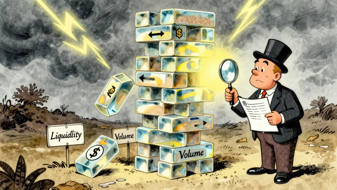 Investor checking a wobbly Jenga tower of crypto tokens under stormy skies