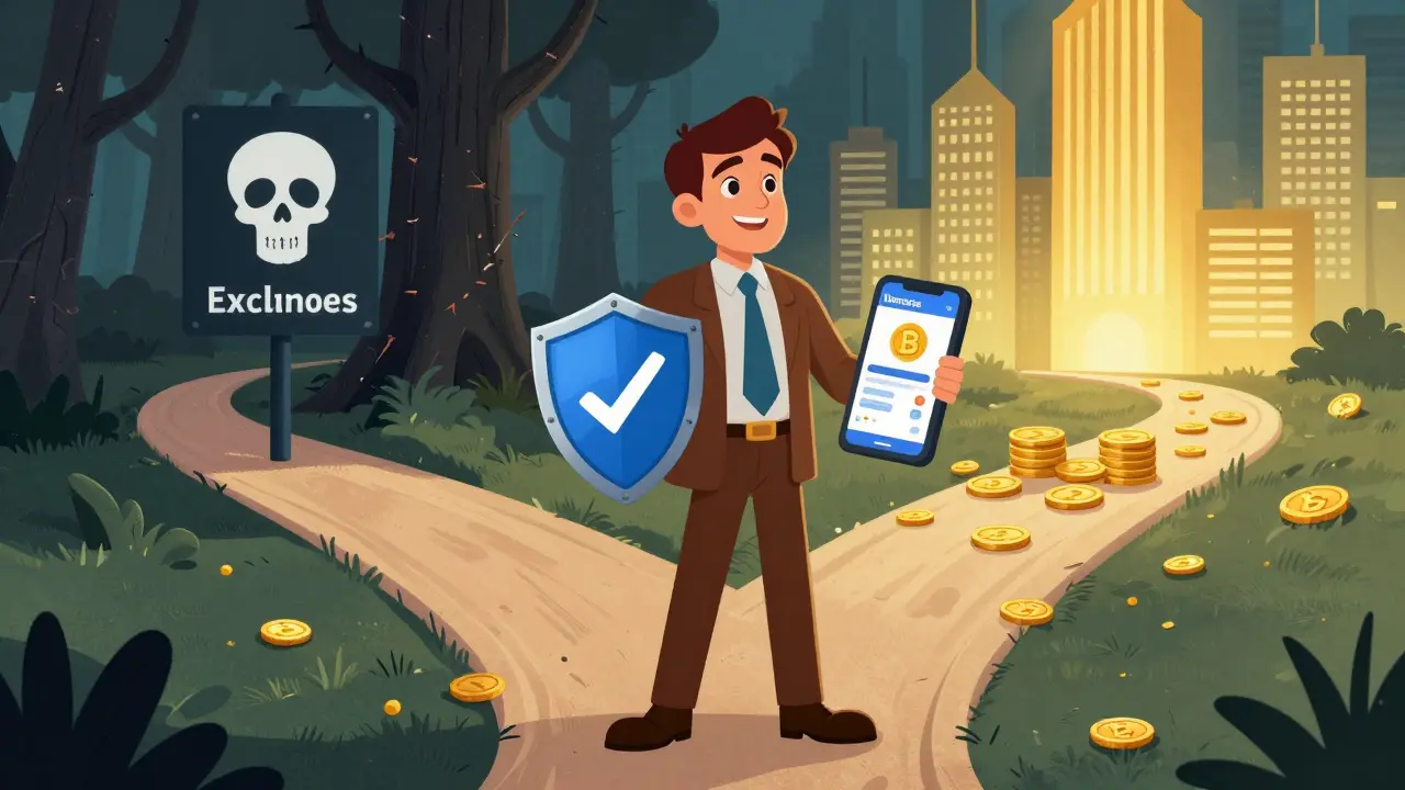 Investor choosing safe modern crypto platforms over risky ones