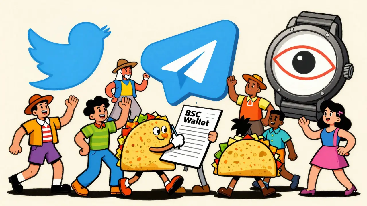 Retro cartoon characters engaging with social media icons for a crypto airdrop