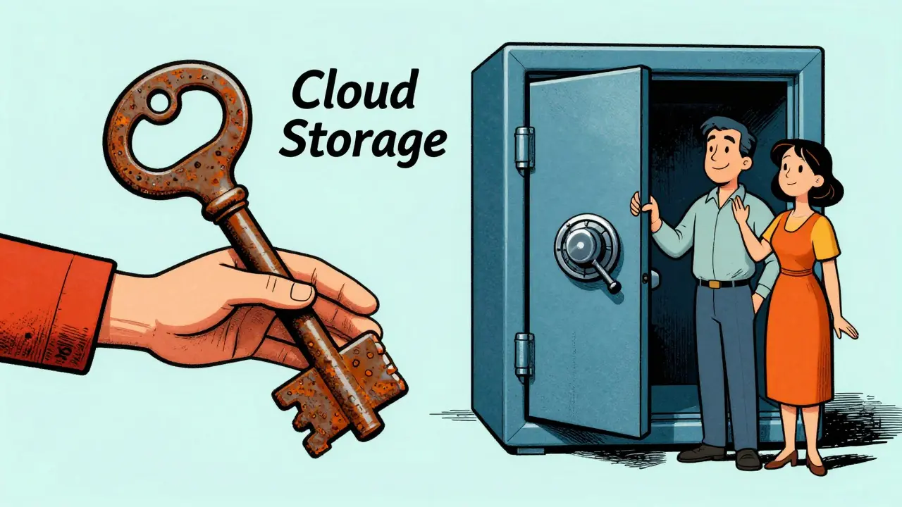 Retro cartoon comparing a risky master key to a secure digital safe for families
