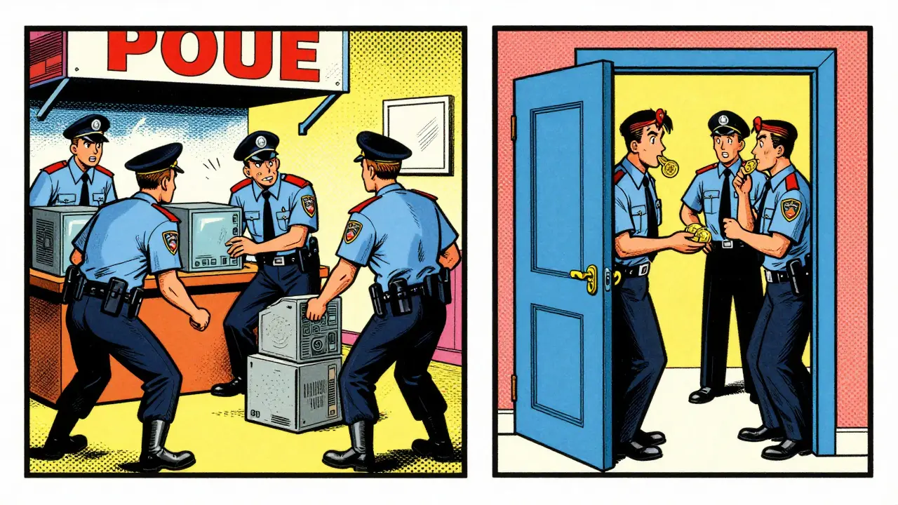 Retro cartoon showing police raids and secret crypto deals