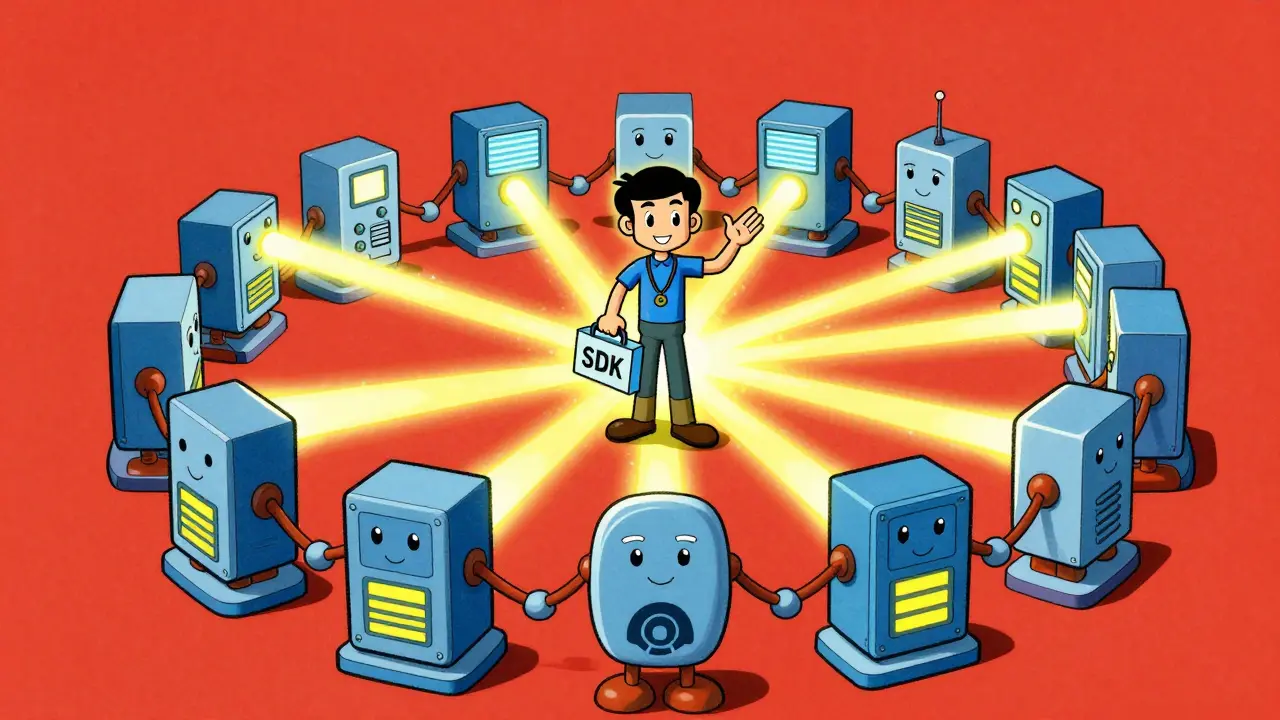 Retro illustration of a decentralized node network supporting game development.