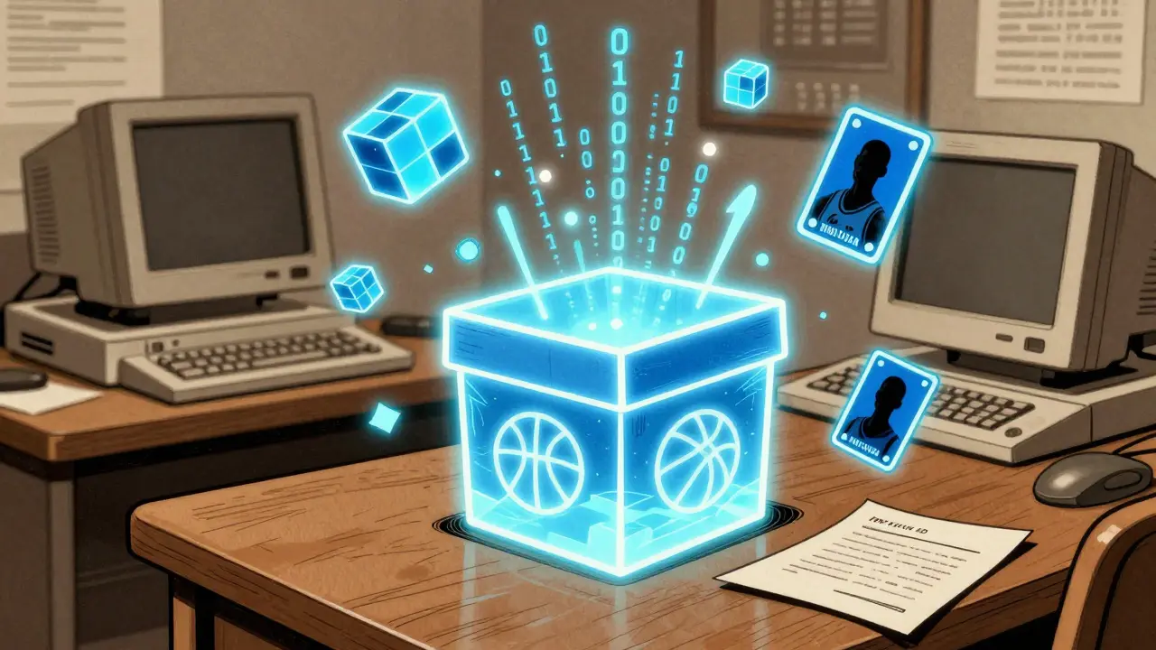 Retro illustration of a glowing mystery box with digital NFT elements.