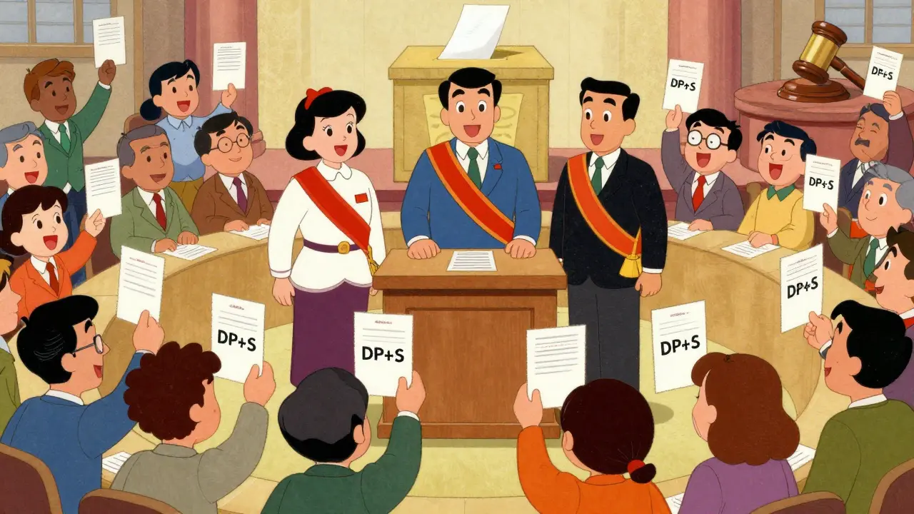 Retro illustration of citizens voting for delegates in a town hall setting for DPoS.