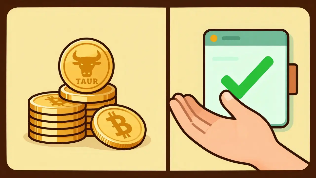 Retro illustration of coins and a wallet connecting for crypto rewards