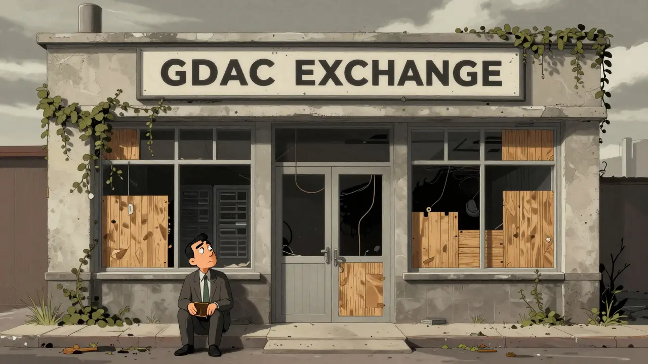 Sad trader sitting outside a boarded-up, abandoned exchange building