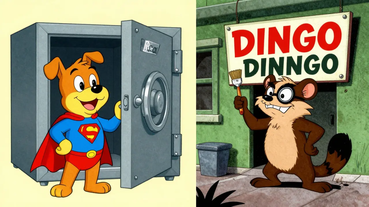 Sneaky weasel swapping DINGO sign to DINNGO while real dog mascot watches in cartoon.