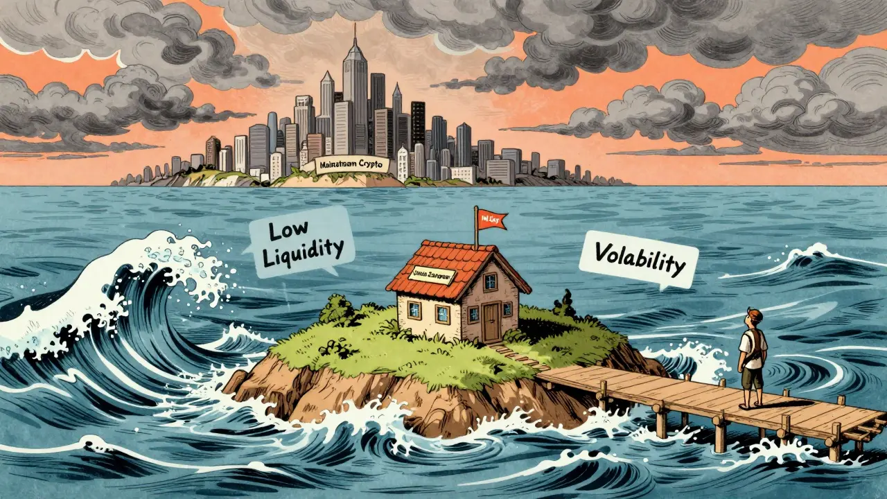 Tiny island representing niche Utopia ecosystem in storm