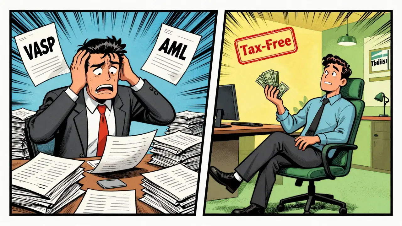 Vintage cartoon comparing VASP vs Free Zone licensing