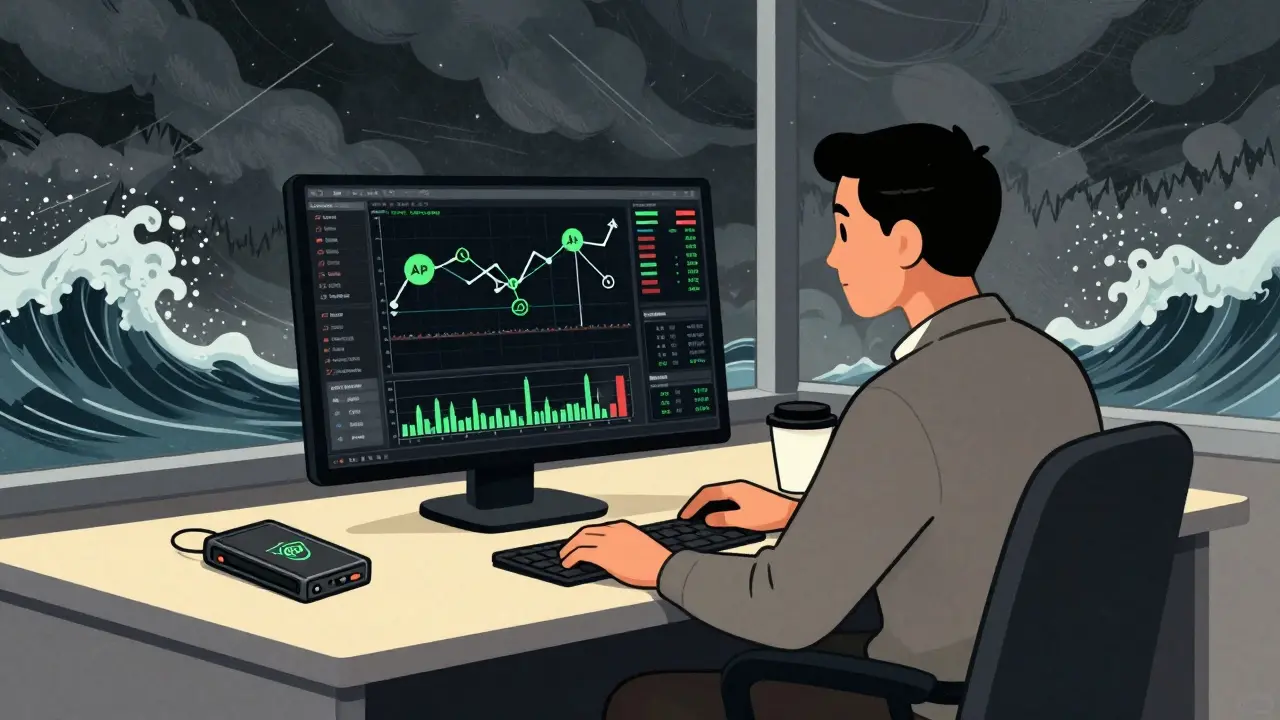 Vintage cartoon of a pro trader using advanced tools amid market storms