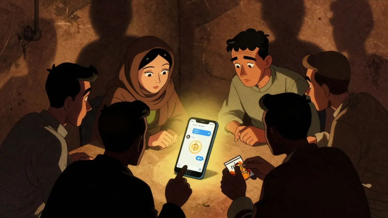 Vintage cartoon of Afghans using crypto secretly on phones