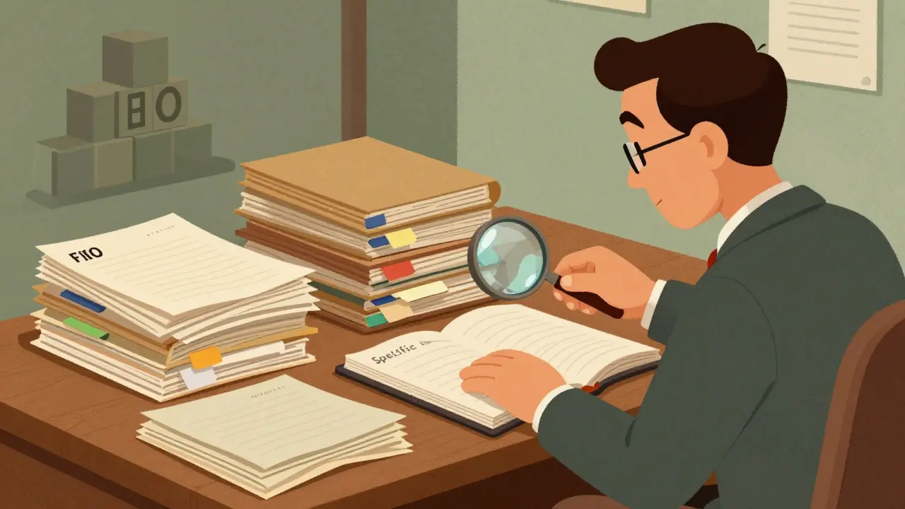 Vintage cartoon of investor organizing crypto tax records with FIFO and Specific ID