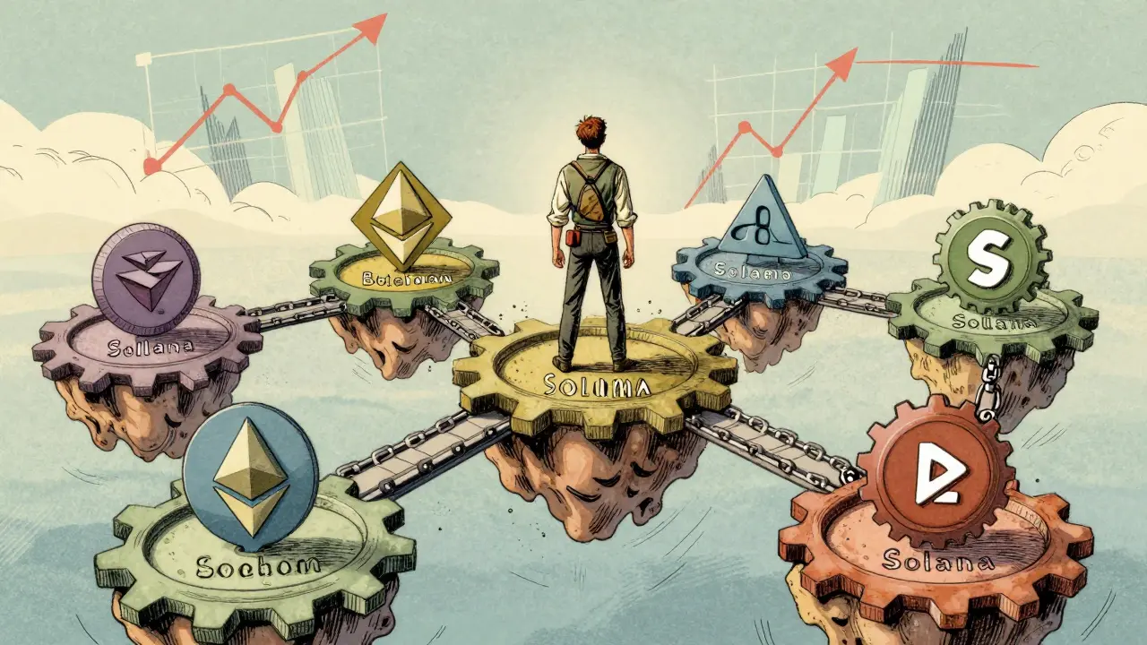 Vintage cartoon showing interconnected blockchain platforms