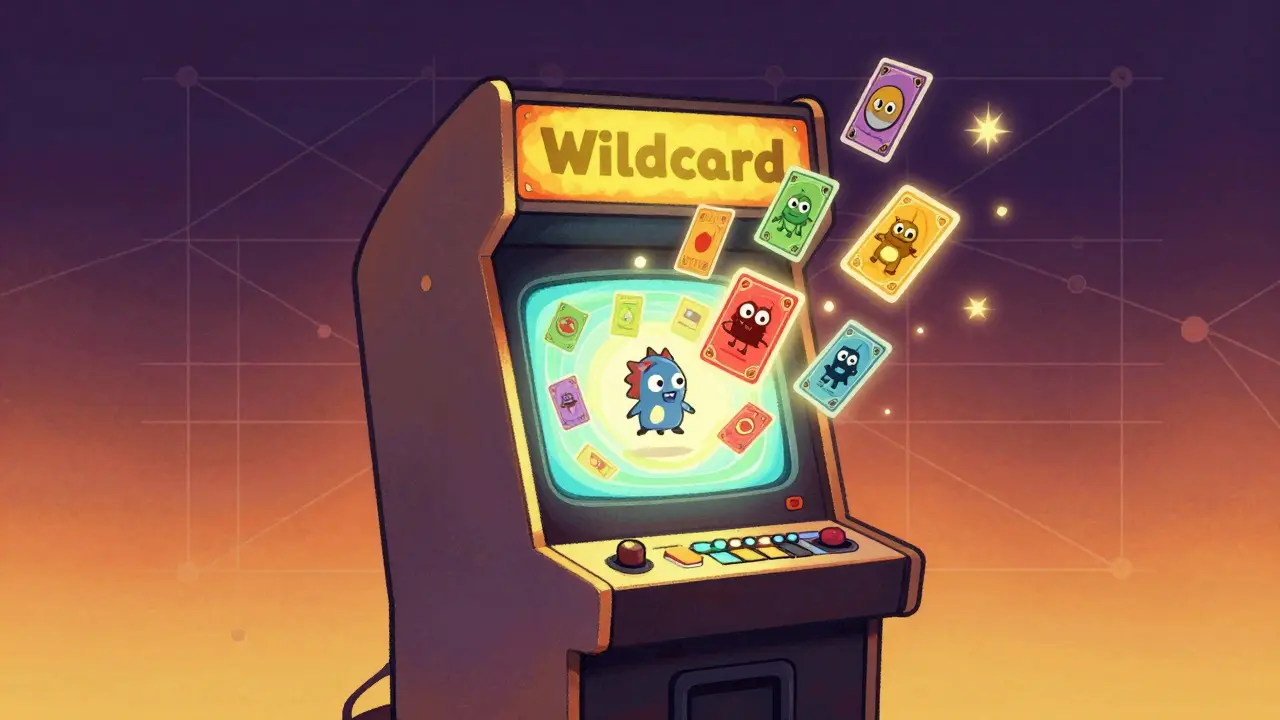 Vintage illustration of collectible cards floating from a glowing arcade machine