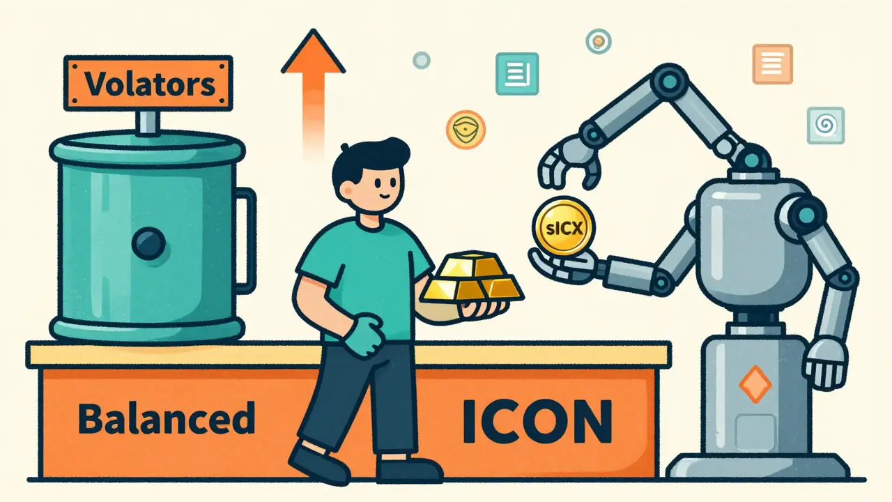 Vintage illustration of swapping ICX for sICX at a DeFi counter