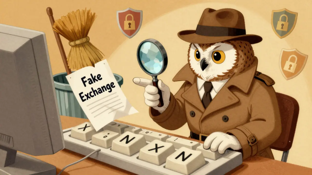 Wise owl detective inspecting keyboard typos to expose crypto scam in vintage art.