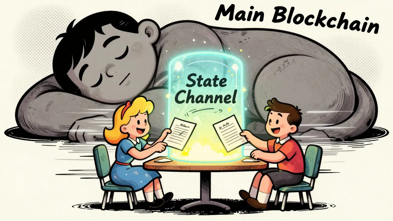 Alice and Bob transacting instantly via private state channel