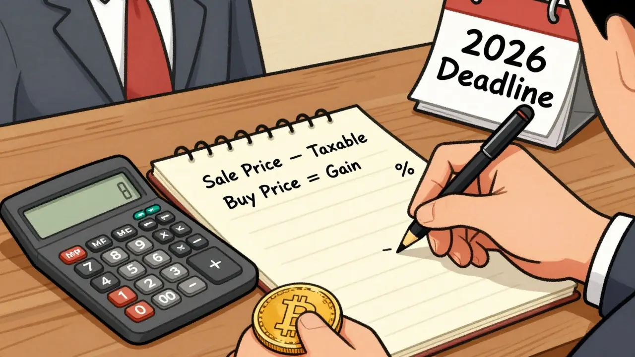 Calculator and notepad showing crypto tax calculation