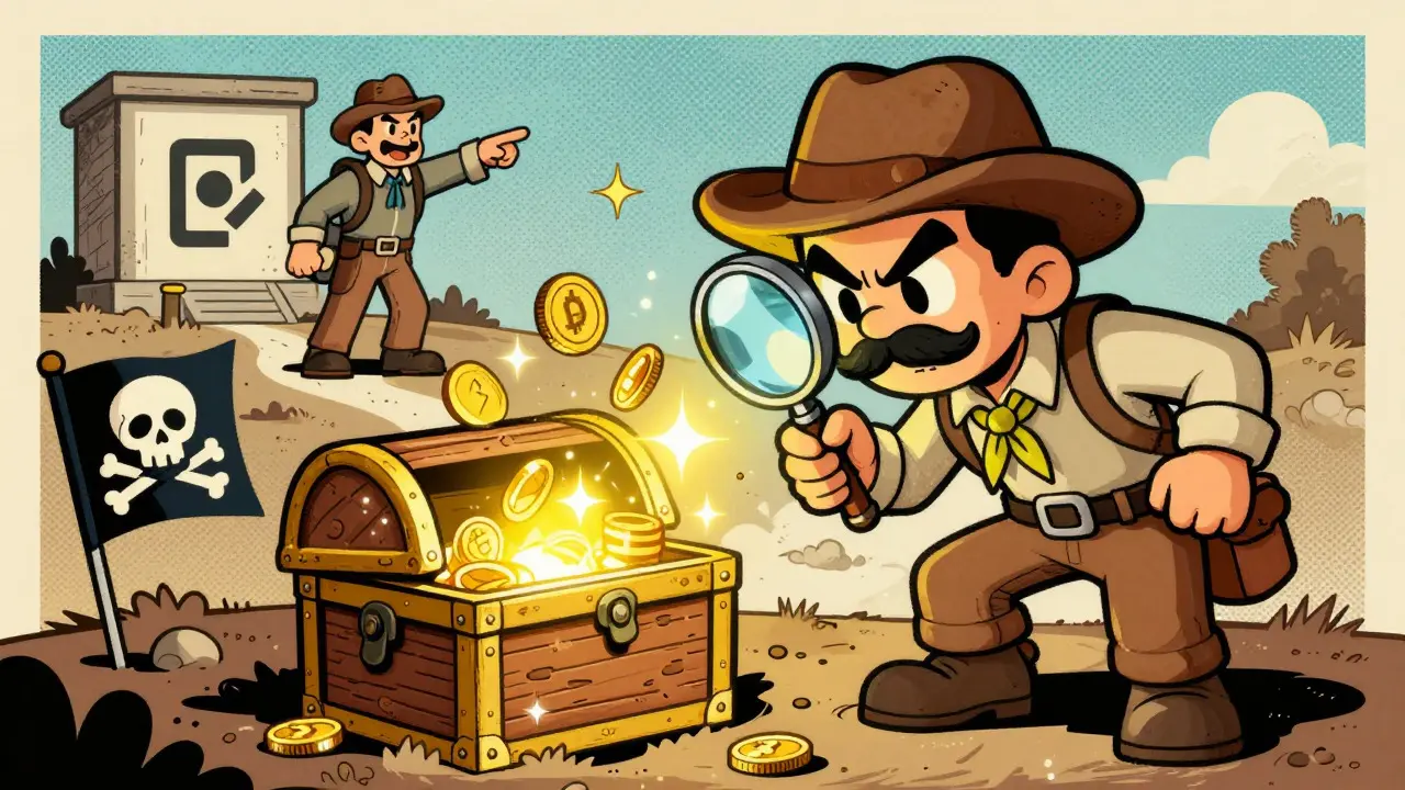 Cartoon explorer checking treasure chest while avoiding scams