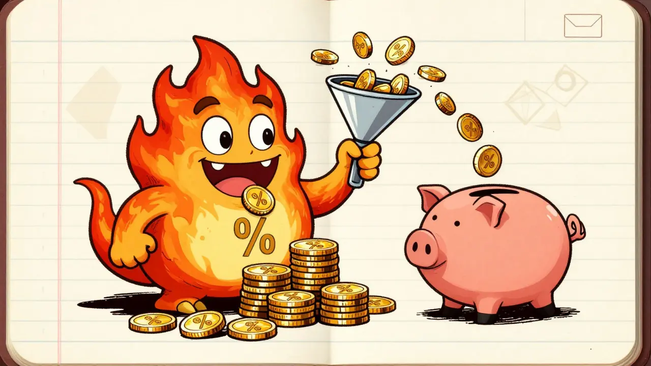 Cartoon fire burning coins and piggy bank receiving tokens