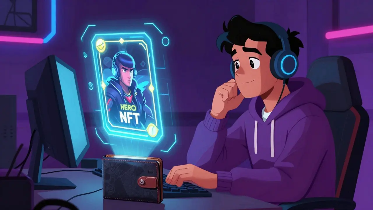 Cartoon gamer examining a floating holographic NFT card in a neon room