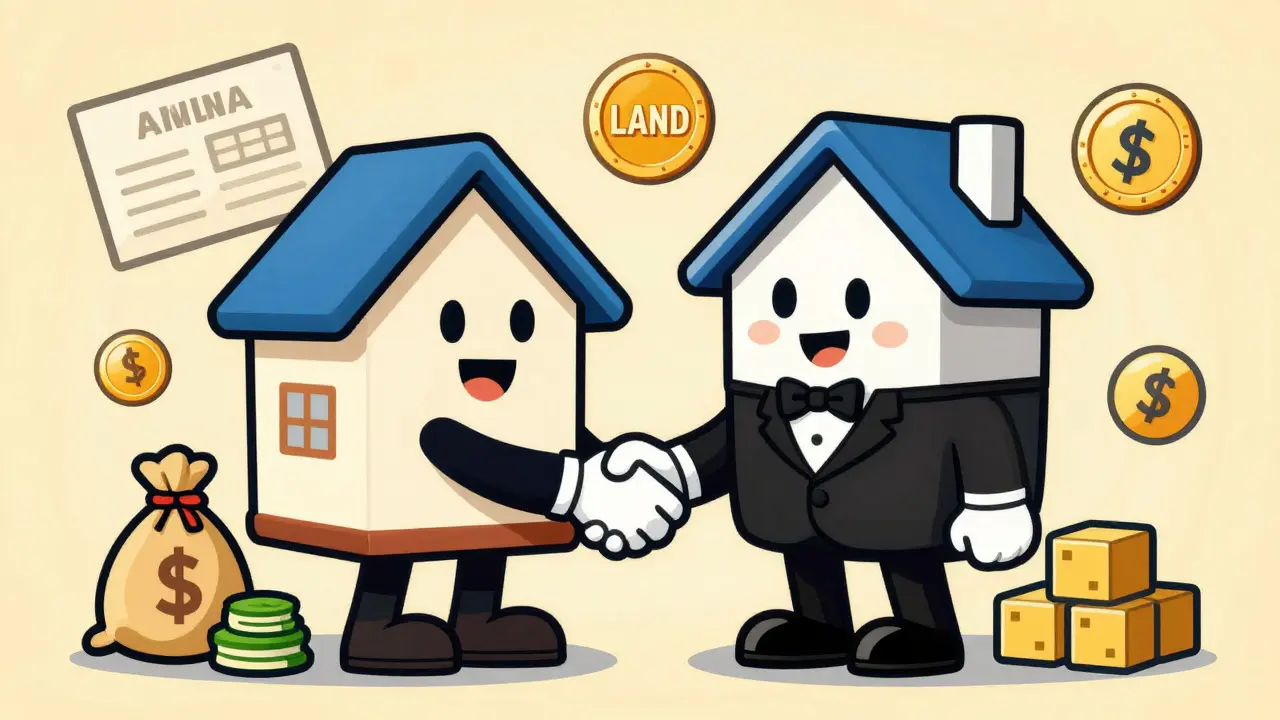 Cartoon house shaking hands with LAND token coin