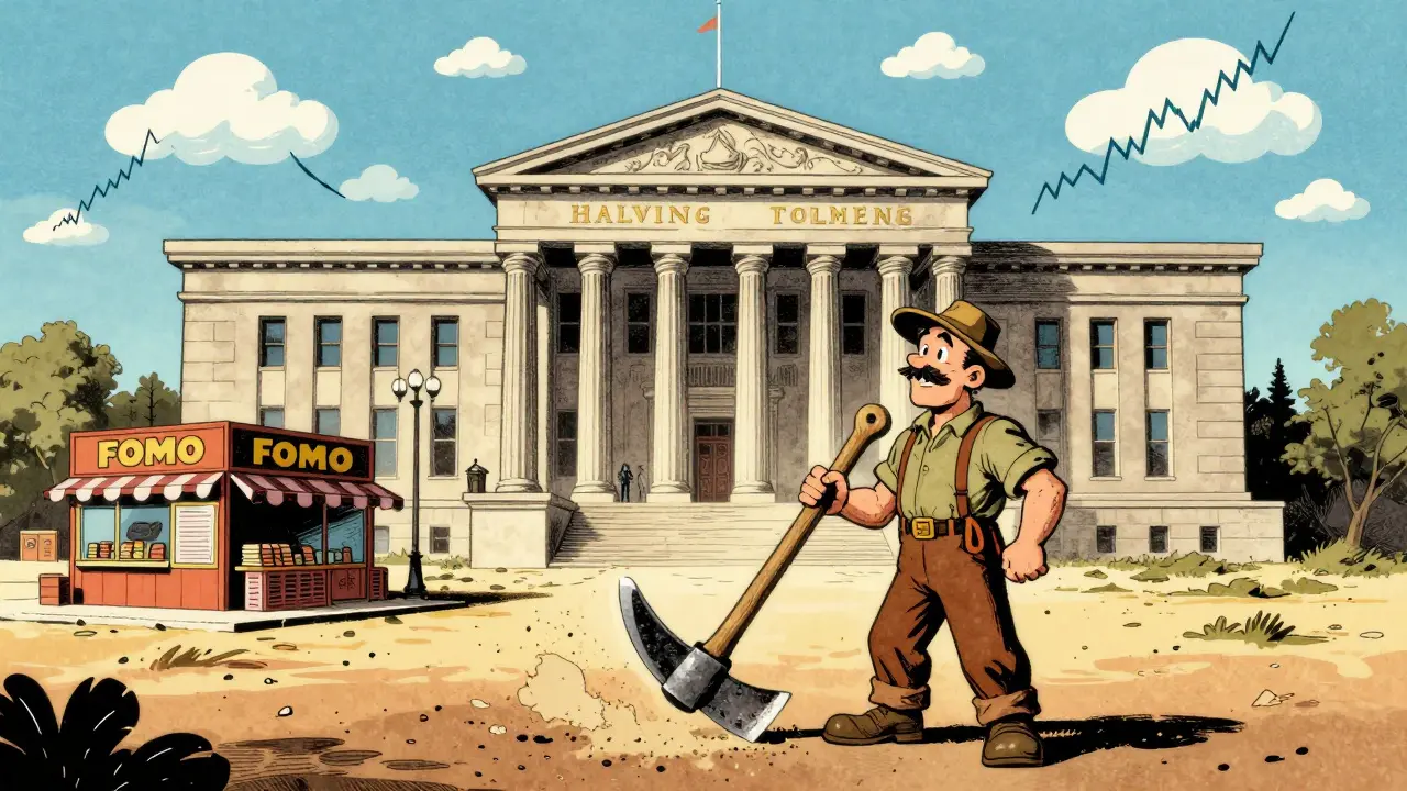 Cartoon of miner facing institutional buildings and fading rewards