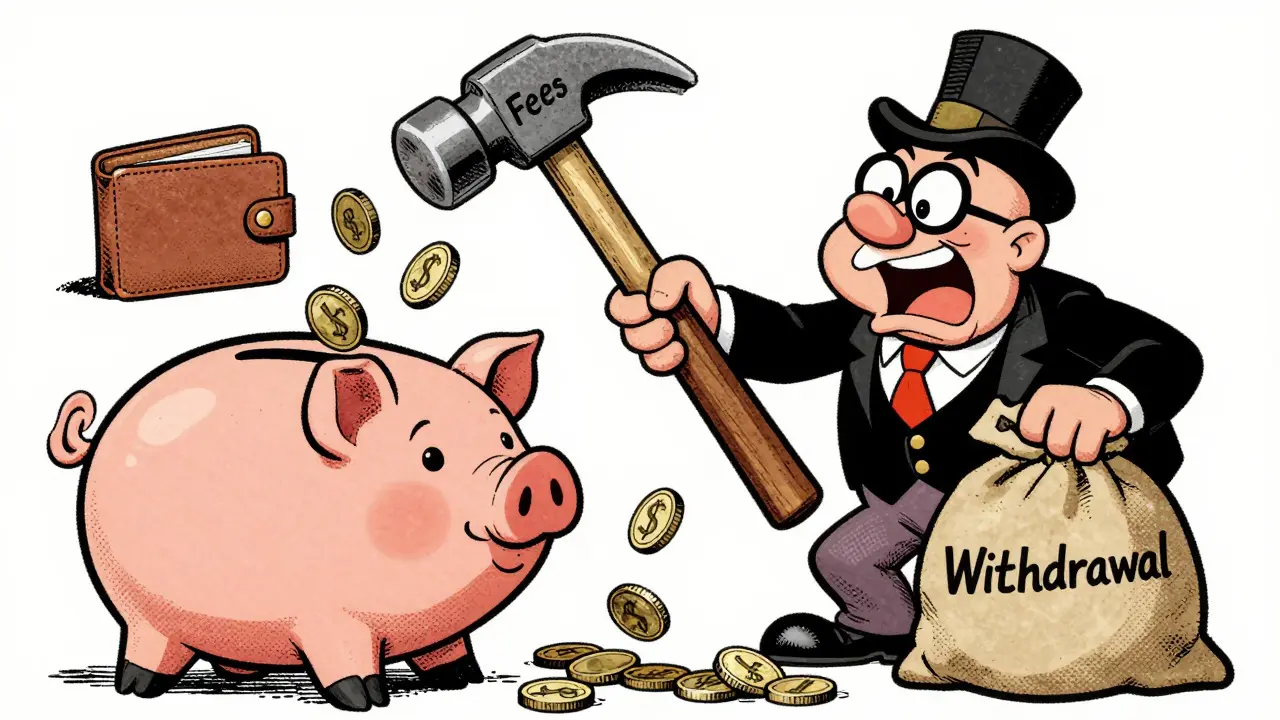 Cartoon piggy bank losing coins to high withdrawal fees