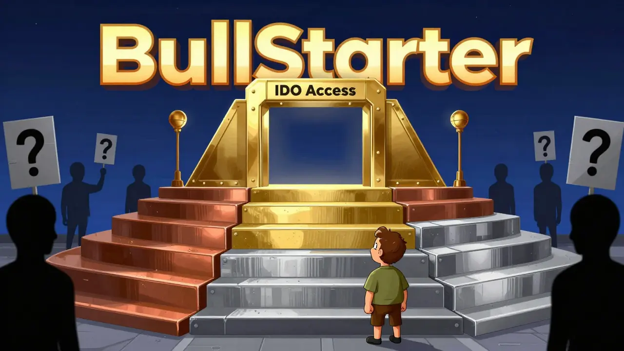Cartoon showing BullStarter launchpad tiers and hidden scam risks