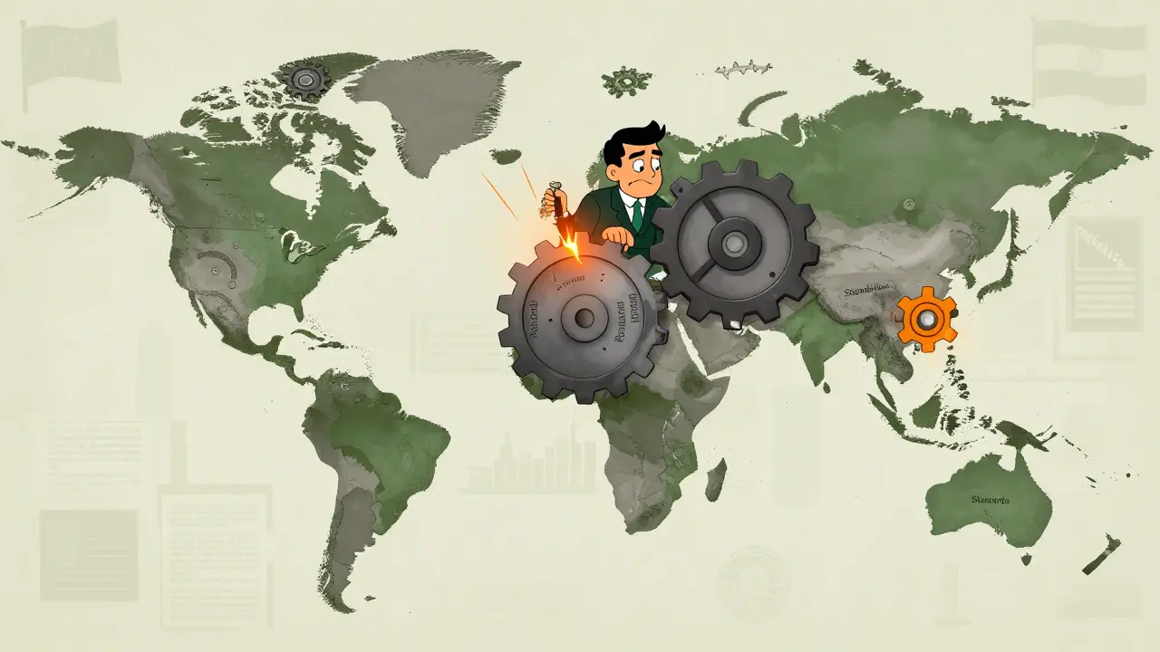 Cartoon showing global gears struggling to align due to regulatory gaps