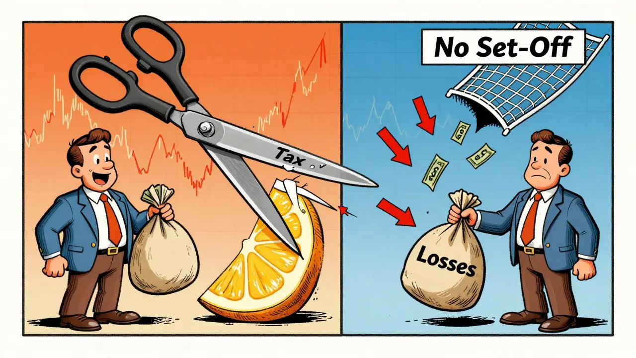 Cartoon showing tax cuts on profits and losses falling through net