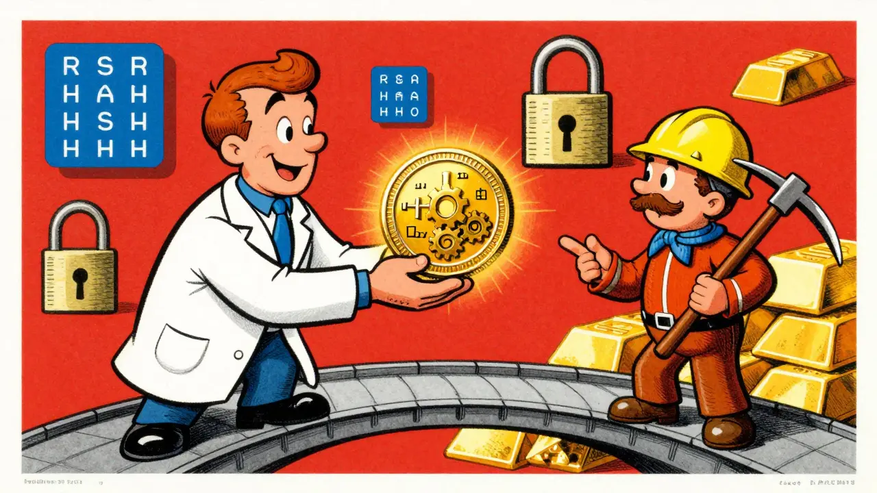Cartoon showing transition from crypto proofs to digital coins
