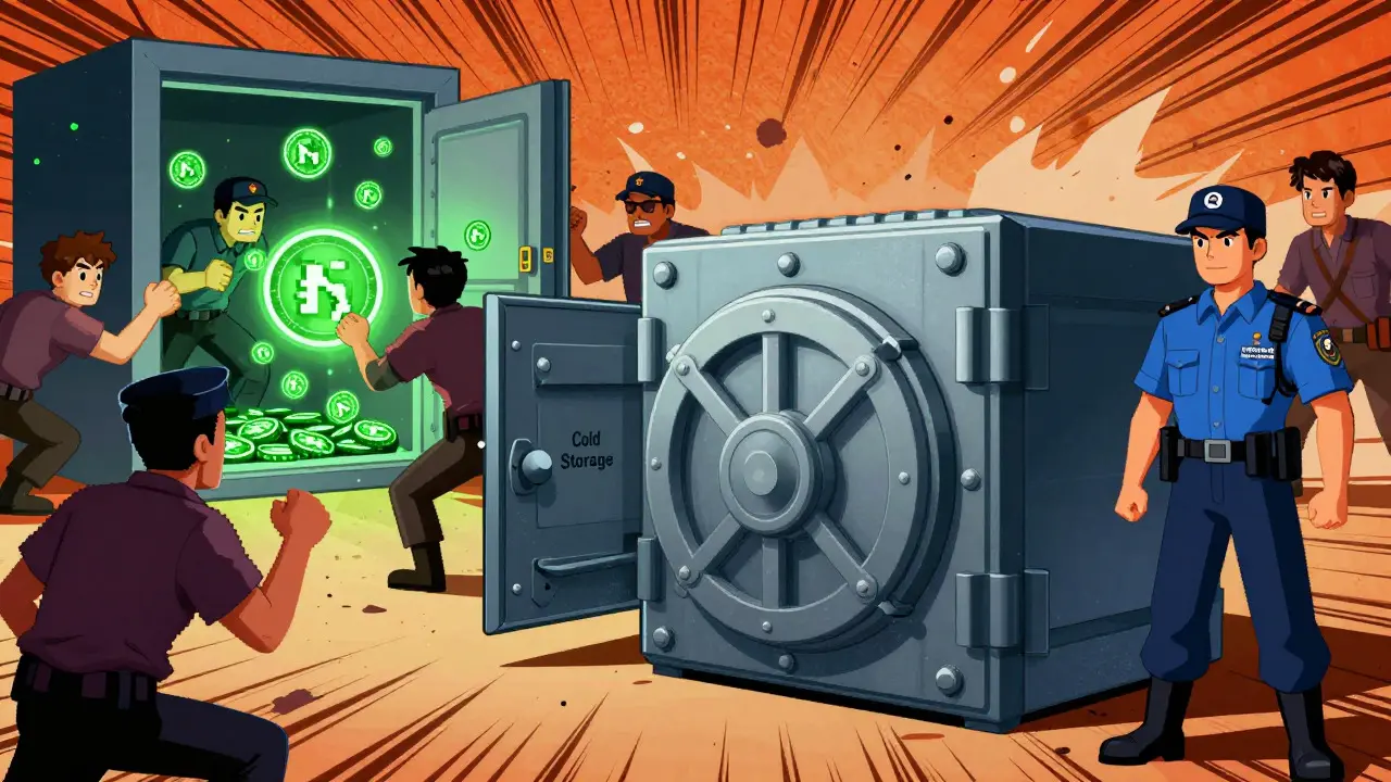 Cartoon vault securing crypto against digital thieves