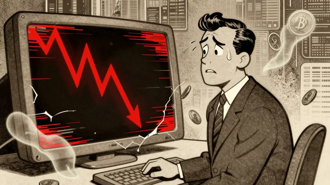 Confused investor facing glitching chart with fading coins