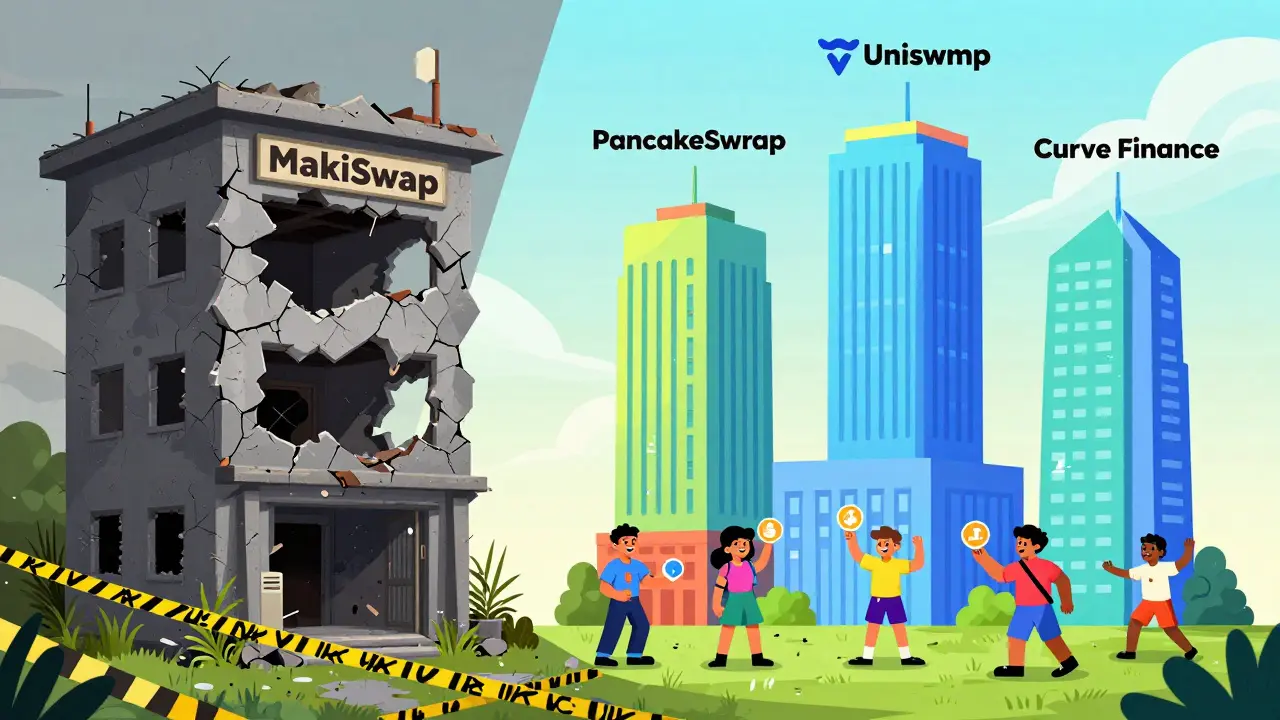 Contrast between dead MakiSwap and thriving safe DEXs like Uniswap in vintage cartoon art.